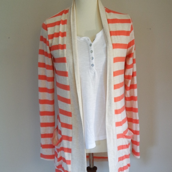 Poof! Sweaters - salmon‎ striped open cardigan